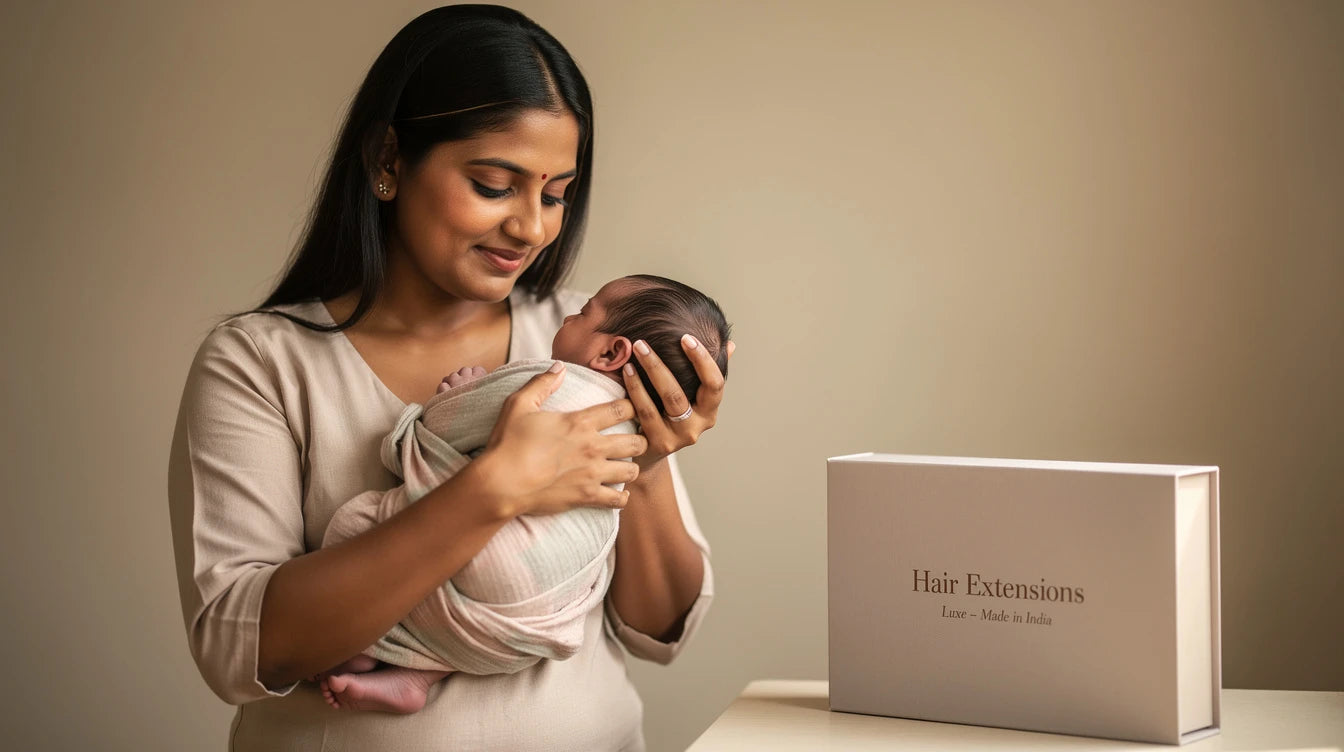 Indian mother with baby and frontline extension covering postpartum hair loss, Hair Extensions Luxe Made in India