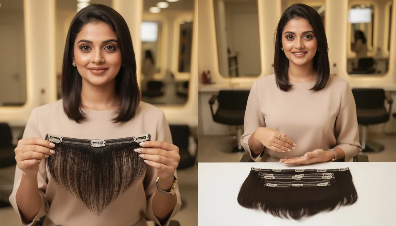 Volumizer extensions vs clip set extensions comparison — single volumizer weft on left and multi-piece clip set on right | Hair Extensions Luxe India