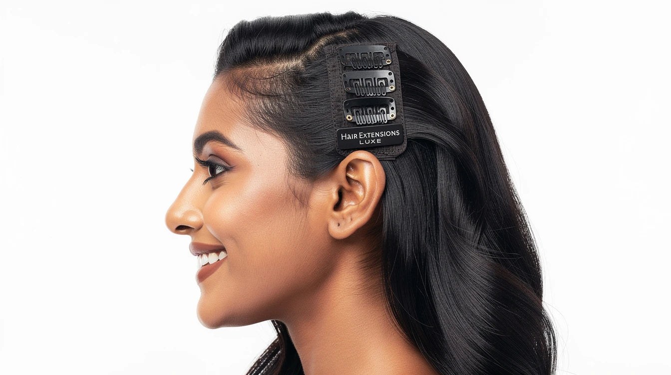 Healthy Indian hair with V-shape volumizer showing zero damage, Hair Extensions Luxe branding