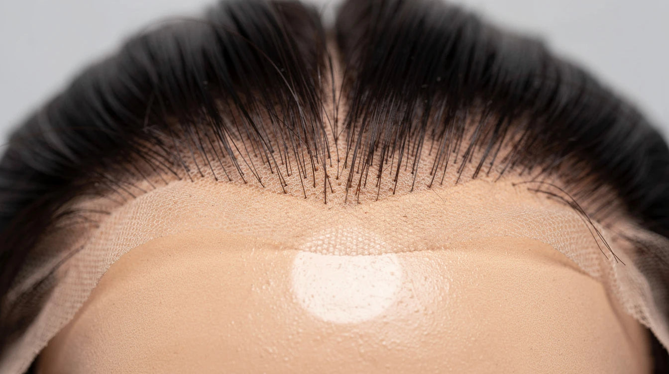 Silk base hair topper close-up showing realistic scalp appearance at the parting — most natural topper construction | Hair Extensions Luxe