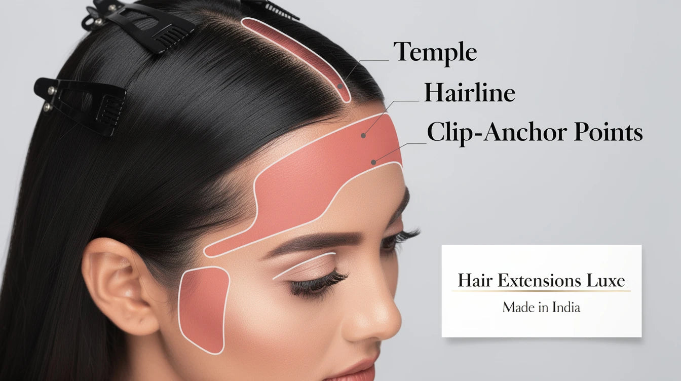 Traction alopecia scalp diagram with clip anchor zones, Hair Extensions Luxe educational