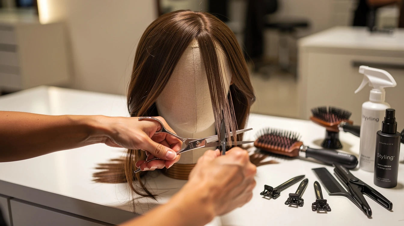 Wig customisation and styling services in India — professional stylist cutting and shaping a wig on mannequin head | Hair Extensions Luxe