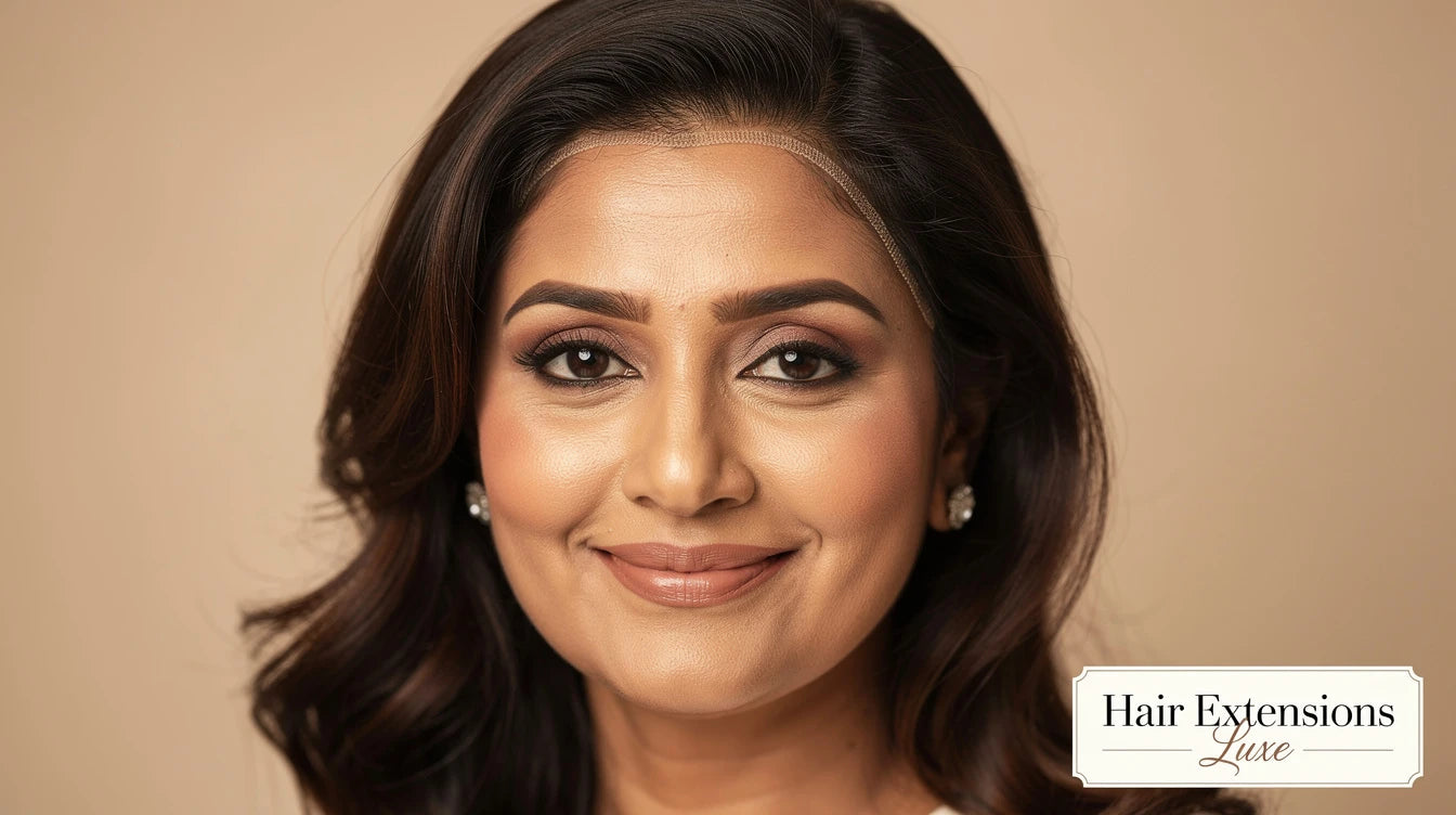 Indian woman with scalp topper solution for crown hair thinning, Hair Extensions Luxe branding