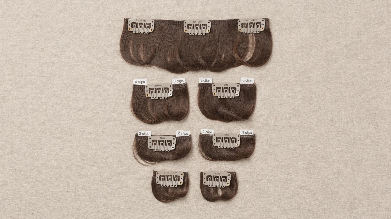 Full head clip-in extension set showing all pieces from 4-clip widest to 1-clip narrowest with clip counts labelled | Hair Extensions Luxe