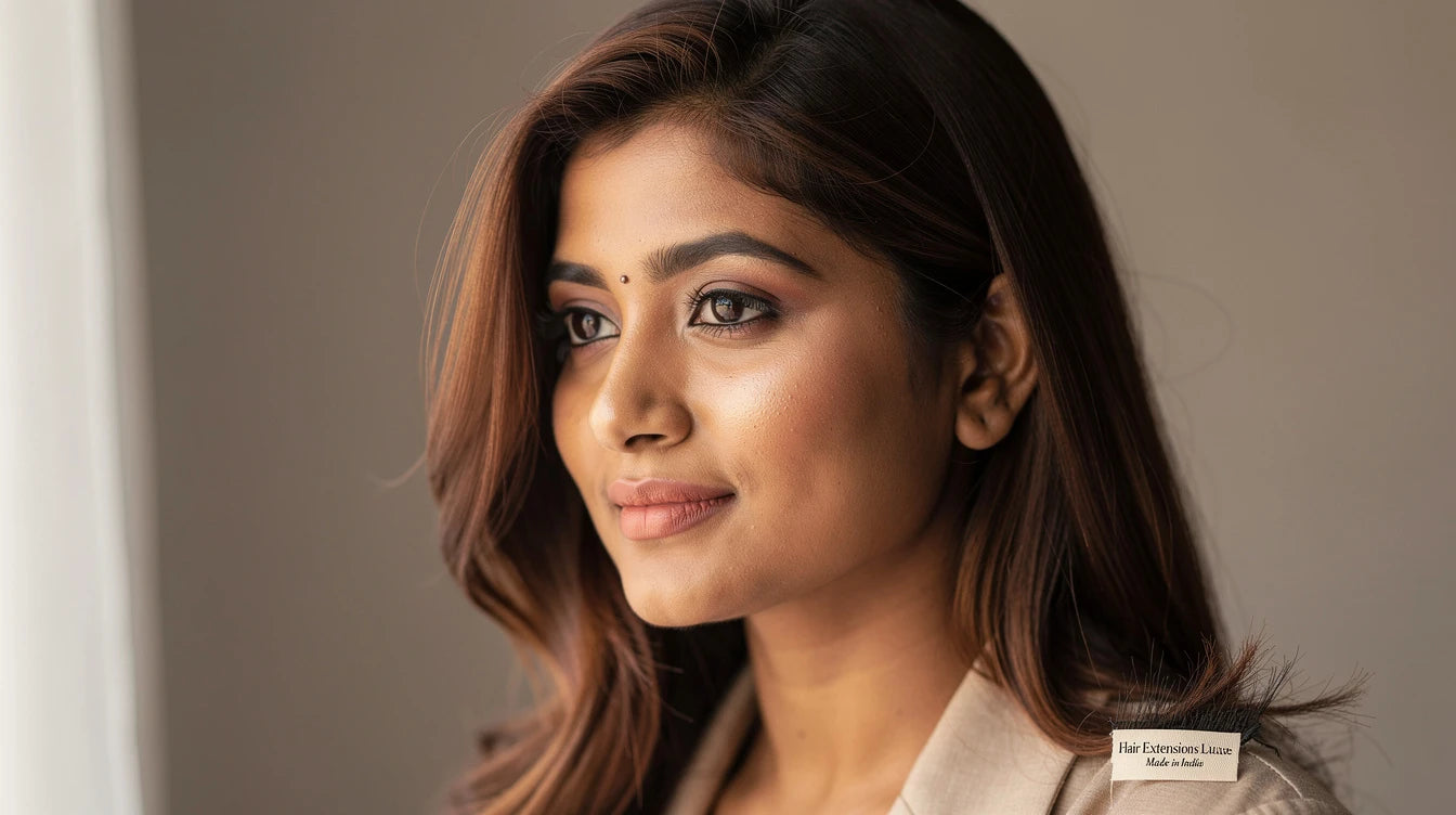 Woman with damaged hair wearing healthy clip-in volumizer, Made in India