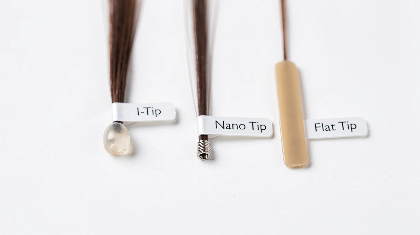 I-Tip vs Nano Tip vs Flat Tip extension bonds compared side by side — macro close-up | Hair Extensions Luxe
