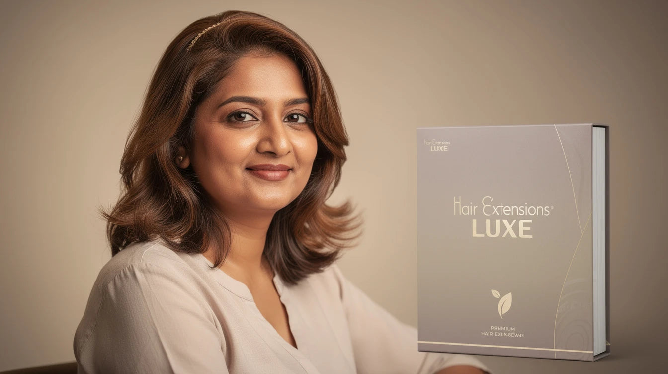 Indian woman post-chemotherapy wearing natural lace front wig, Hair Extensions Luxe branding
