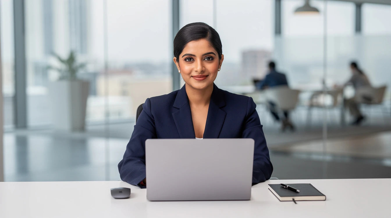 Indian professional woman wearing subtle hair volumizer extensions in office setting — sleek low bun | Hair Extensions Luxe
