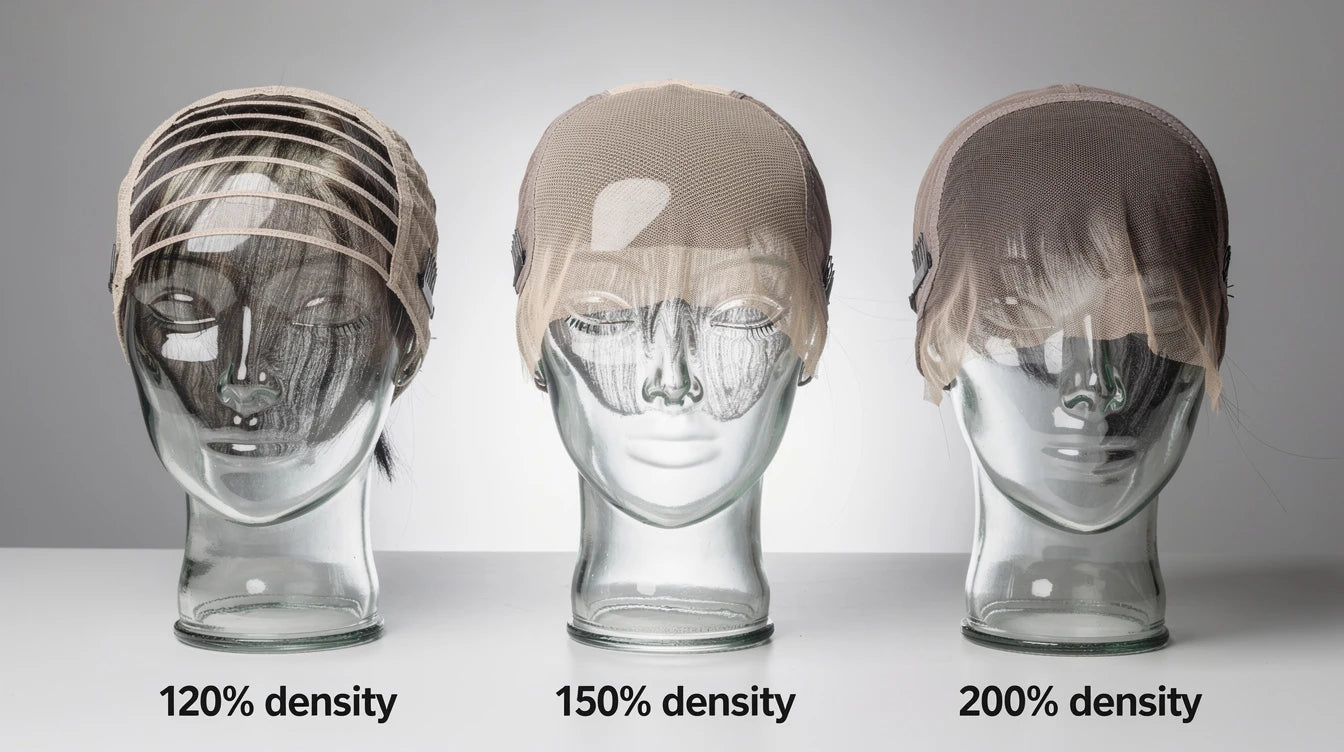 Wig density comparison showing 120%, 150% and 200% density levels side by side for visual reference | Hair Extensions Luxe