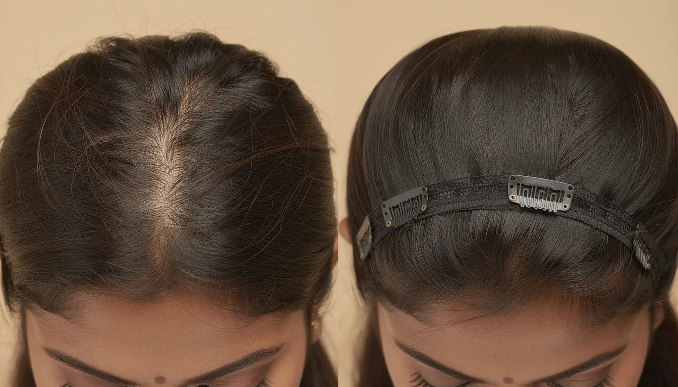 Clip-in extensions for thin hair on top — before and after crown volume transformation showing natural coverage | Hair Extensions Luxe