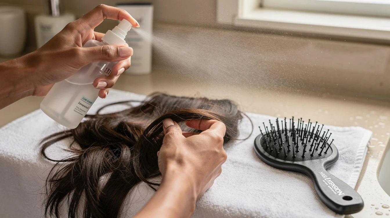 Fixing tangled hair extensions with leave-in spray and loop brush, Hair Extensions Luxe branding