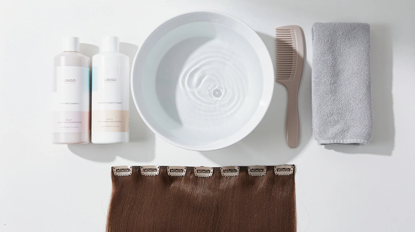 Hair extension washing supplies — basin, sulphate-free shampoo, conditioner, comb and microfibre towel | Hair Extensions Luxe