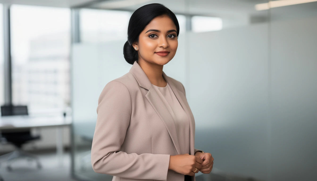 Professional Indian woman with subtle hair extensions in office setting — polished workplace look | Hair Extensions Luxe