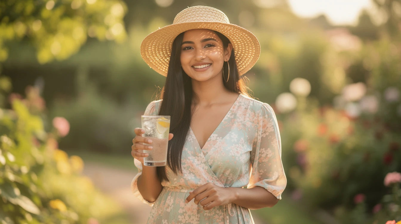 Indian woman protecting hair extensions from summer sun with a wide-brimmed hat — outdoor lifestyle | Hair Extensions Luxe