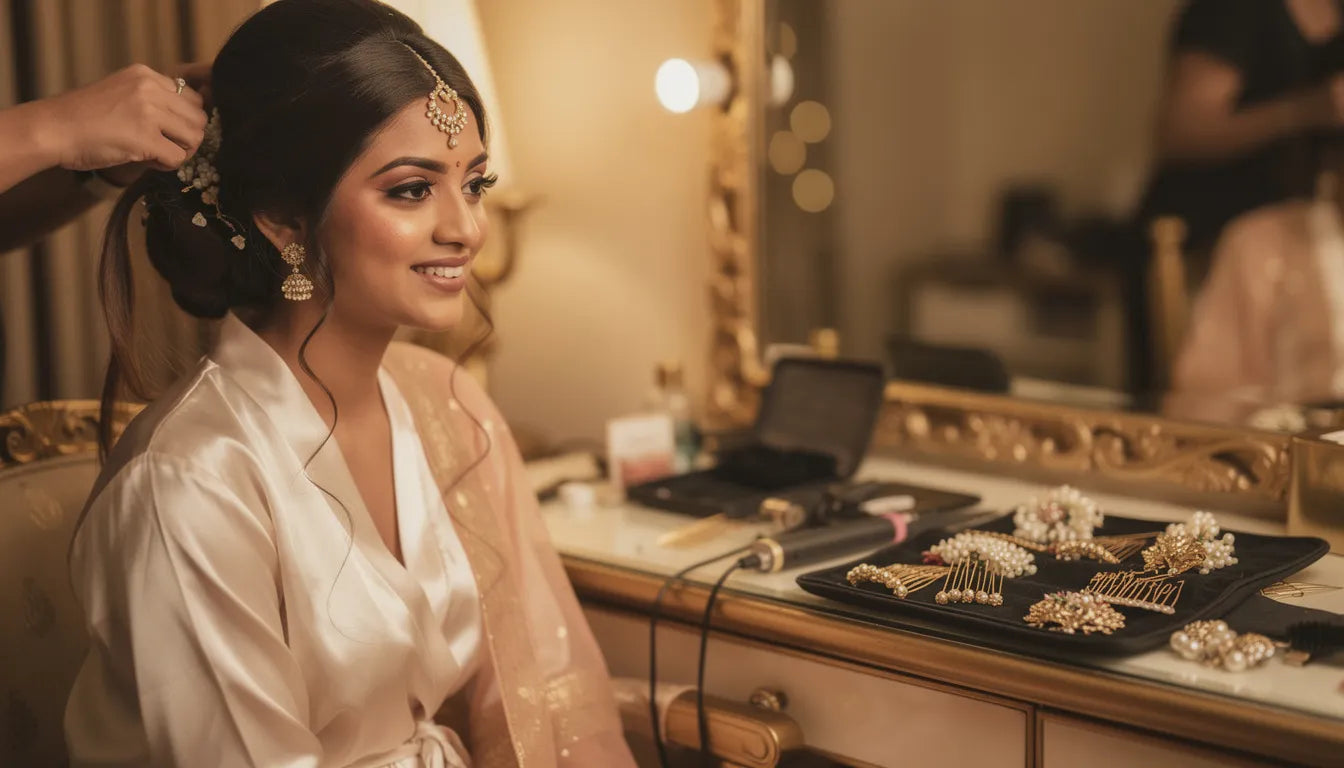 Indian wedding hair extensions timeline — a bride having hair extensions styled into a bridal updo on her wedding day | Hair Extensions Luxe