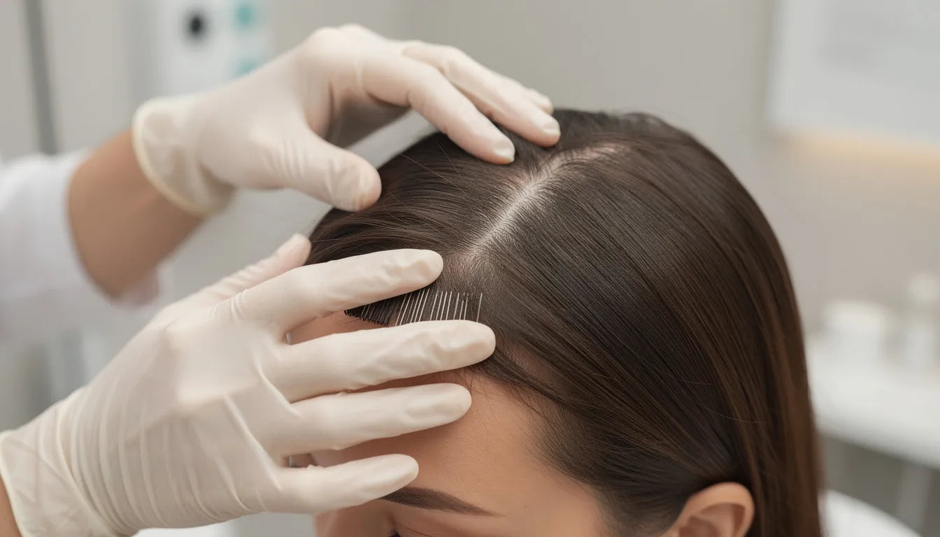 Hair extension allergy assessment — a specialist examining the scalp near hair extensions for signs of sensitivity or reaction | Hair Extensions Luxe