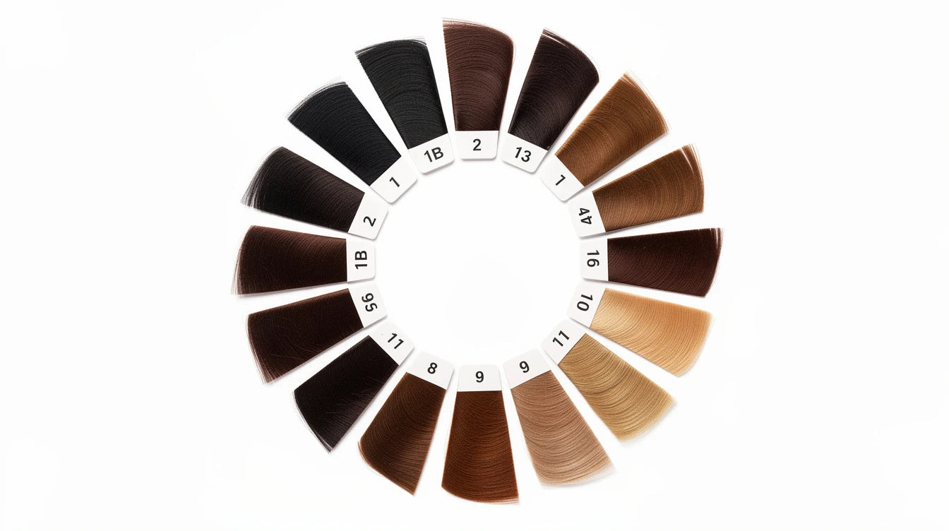 Hair extension colour ring showing 12 Indian hair shades from jet black to light brown — shade chart | Hair Extensions Luxe