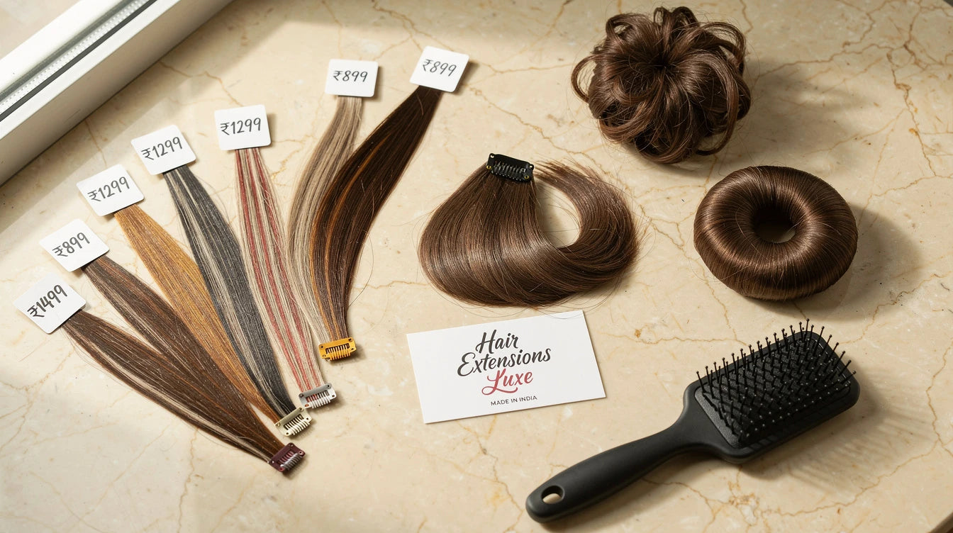 Hair Extensions Luxe products under ₹2000 flat-lay with prices, Made in India