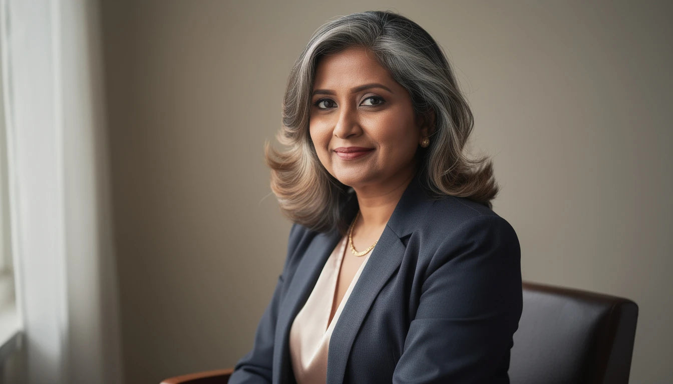 Elegant Indian woman over 40 with natural volume hair extensions — confident and sophisticated | Hair Extensions Luxe