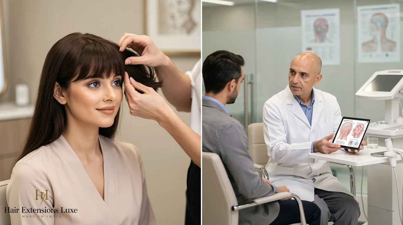 Wig try-on vs hair transplant clinic comparison, Hair Extensions Luxe Made in India