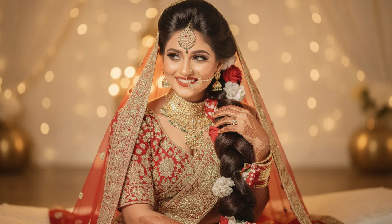 Baisakhi and Punjabi wedding hairstyles with hair extensions — voluminous bridal side braid with flowers and gold jewellery for 2026 | Hair Extensions Luxe