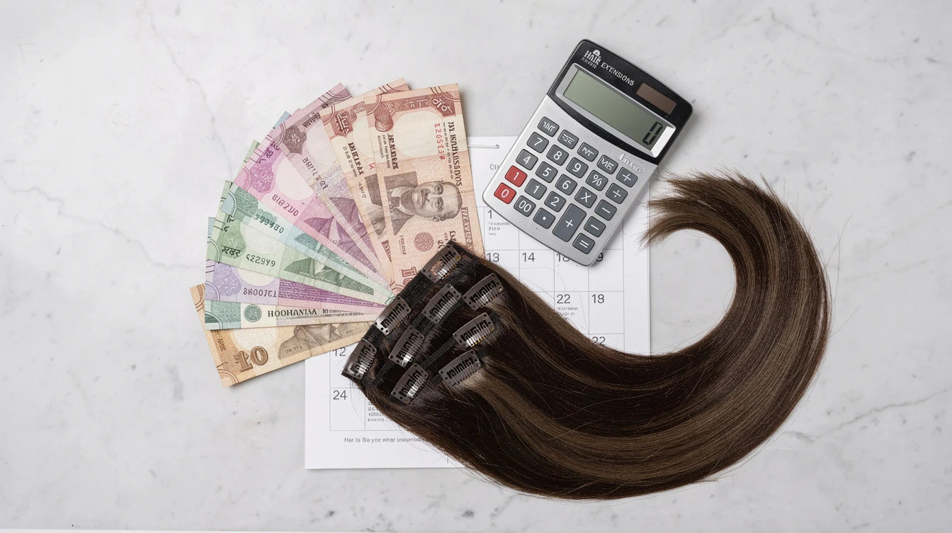 Hair extensions cost per wear calculation — rupee notes, calculator and clip-in extensions on marble | Hair Extensions Luxe