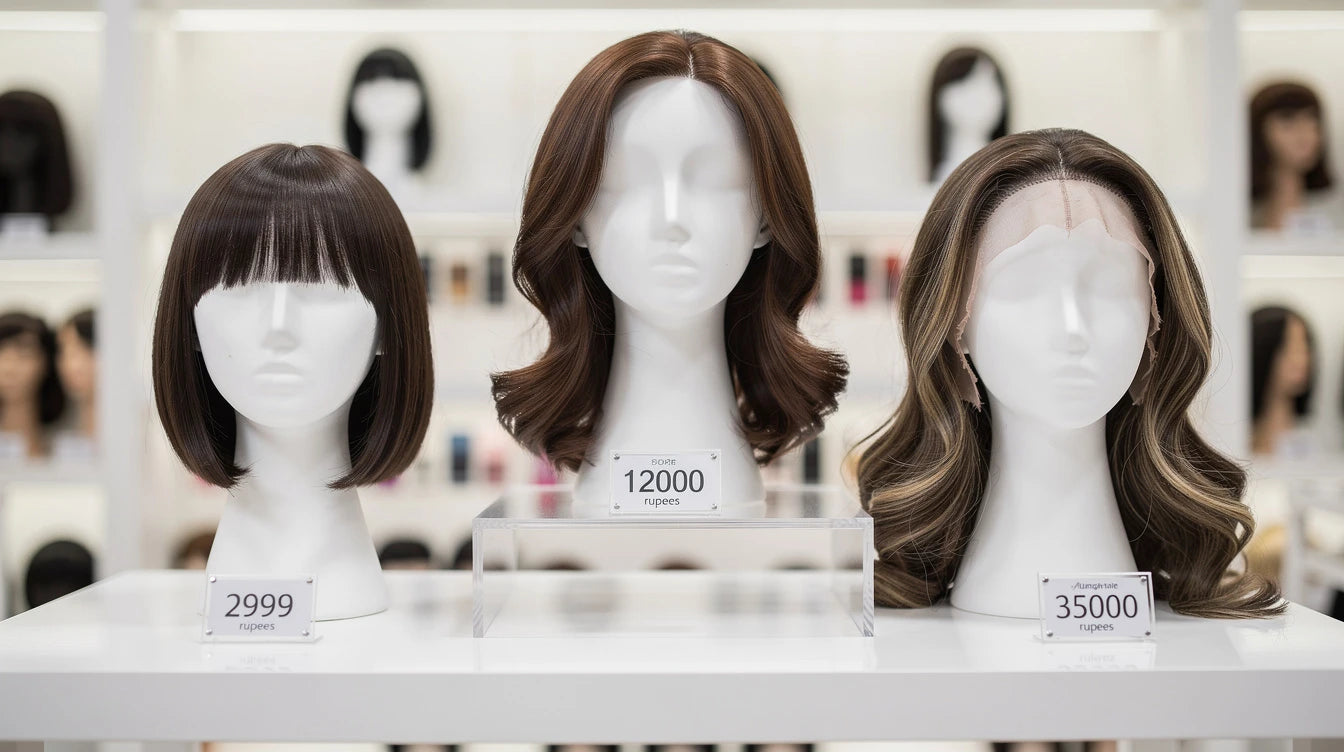 Wig price comparison in India showing affordable to premium options with rupee pricing | Hair Extensions Luxe