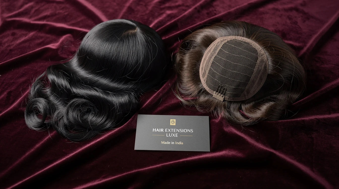 Premium silk-top wig and hand-tied topper luxury flat-lay, Made in India