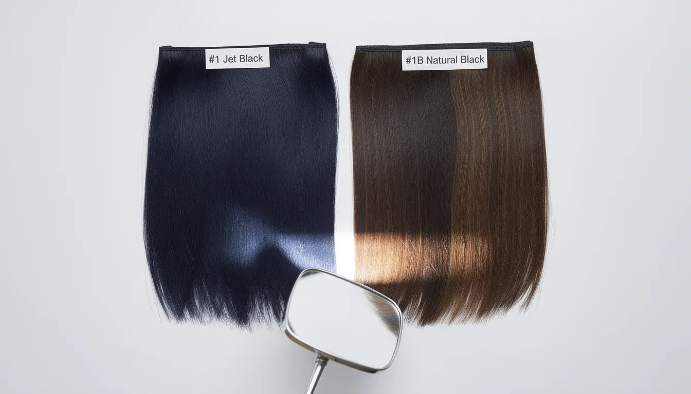 Black hair extensions India shade guide — jet black #1 vs natural black #1B comparison showing the visible difference between shades | Hair Extensions Luxe