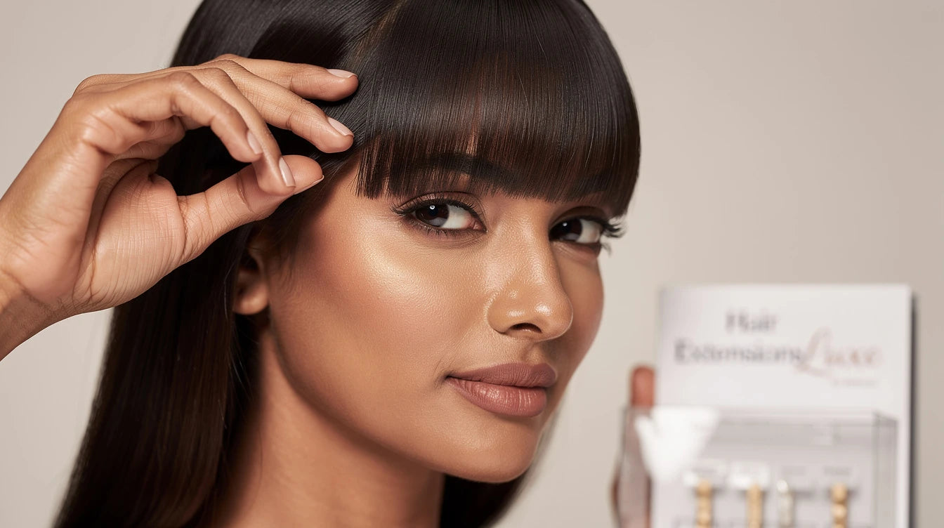 Indian woman wearing clip-in bangs extension for thinning forehead — natural hairline blend | Hair Extensions Luxe