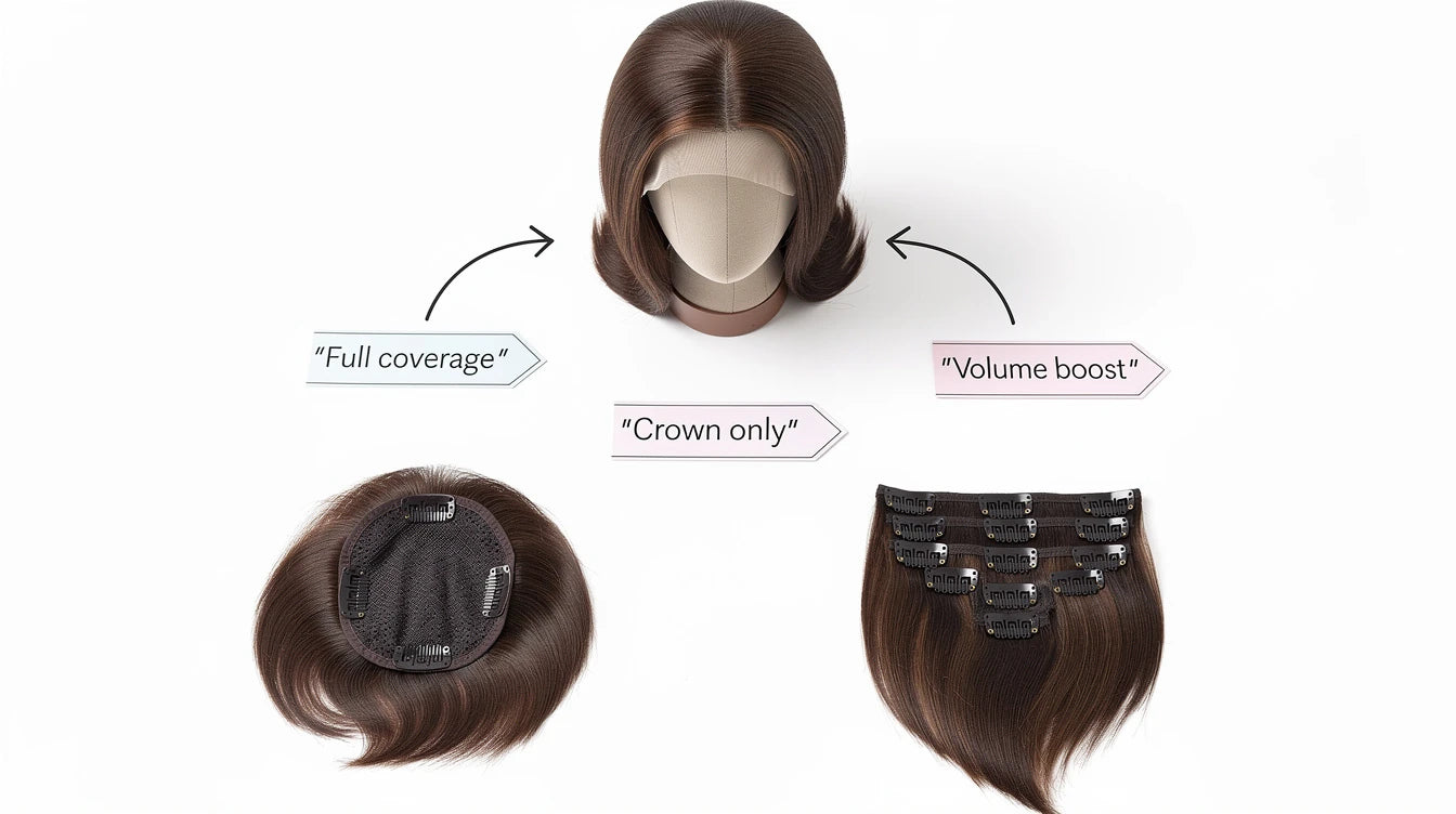 Wig vs topper vs extensions comparison showing three hair solutions side by side for decision making | Hair Extensions Luxe