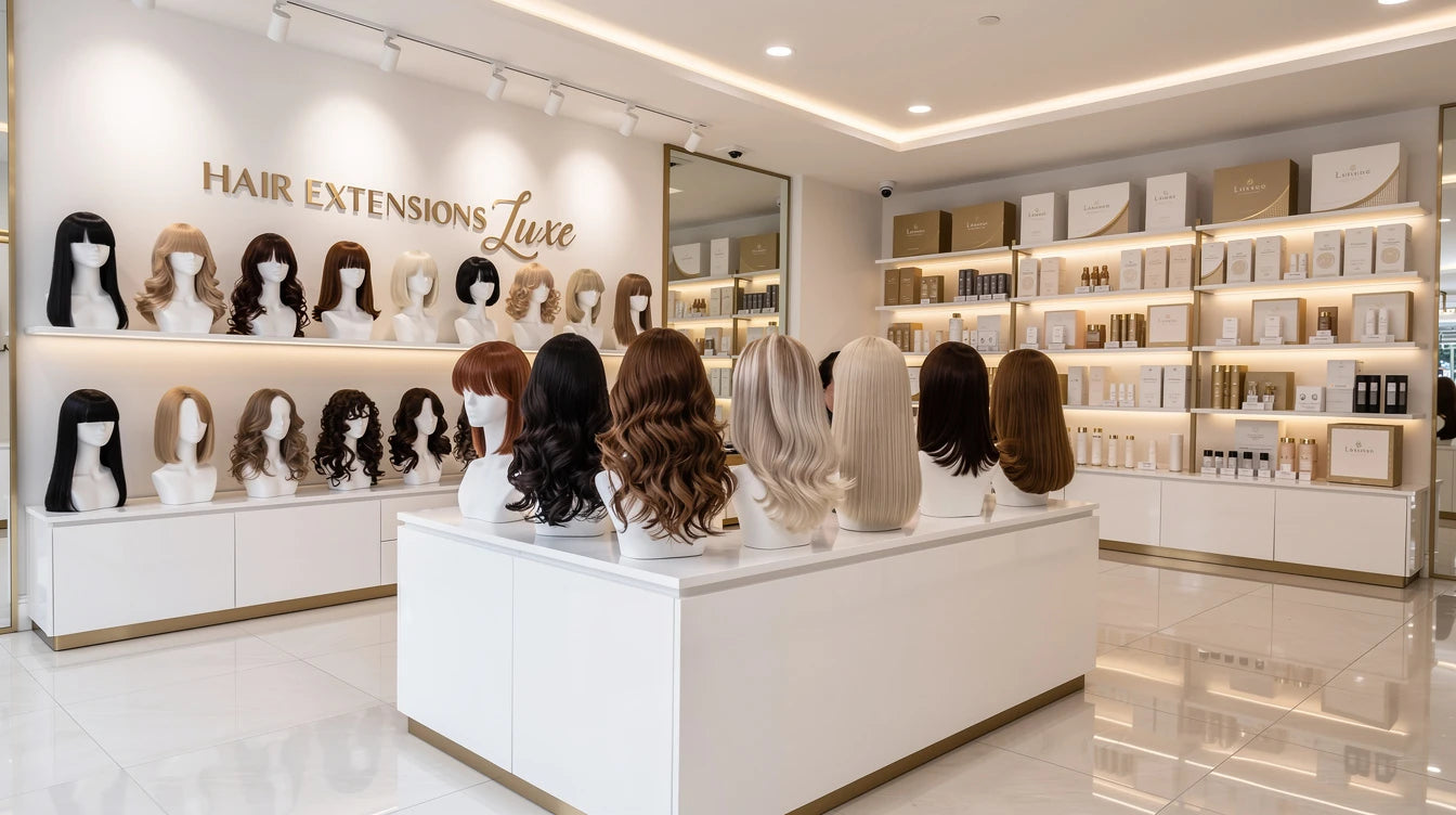Best wig shop in Delhi NCR — premium human hair wigs on display at Hair Extensions Luxe