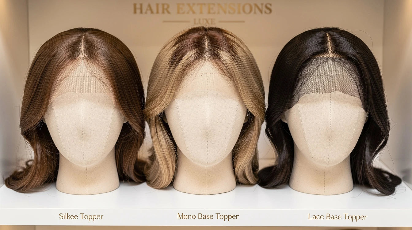 Hair toppers on display at Delhi NCR shop — silk base mono base and lace toppers with realistic scalp | Hair Extensions Luxe