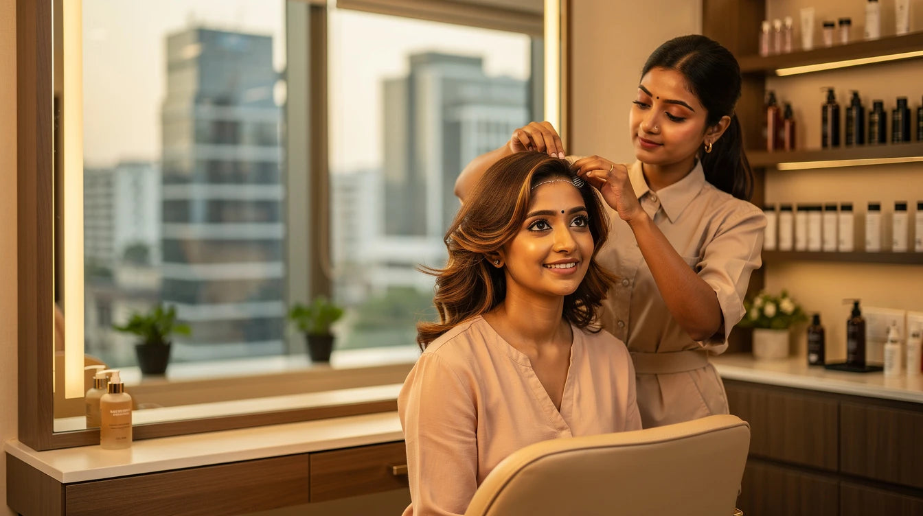 Woman getting a human hair wig professionally fitted in Noida NCR region