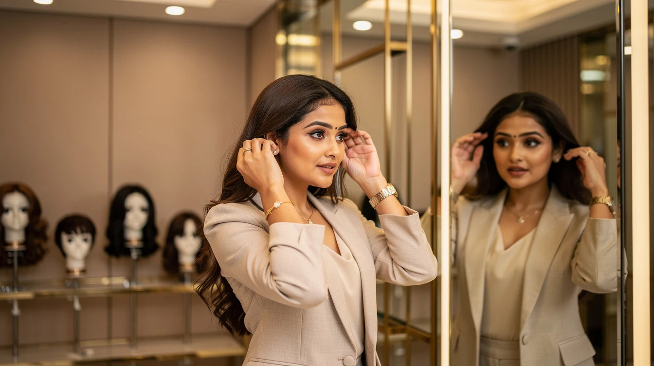 Ladies wigs India — woman trying on natural-looking full lace wig in boutique