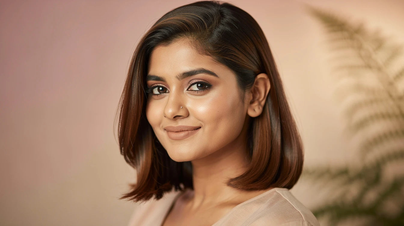 Indian woman wearing hair topper for PCOS hair loss with natural blending