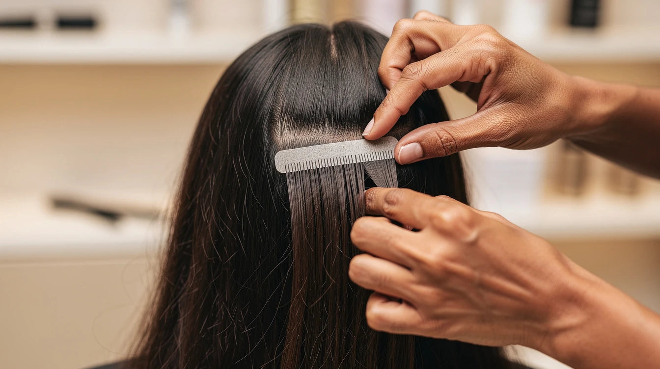 Permanent hair extensions being applied in India — tape-in method close-up | Hair Extensions Luxe