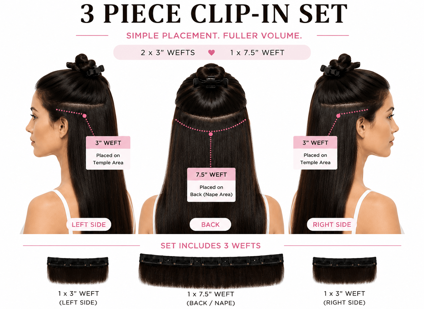 Hair Extensions Luxe Clip-In Hair Extensions 3 Piece Clipset | Clip-In Hair Extensions for Back & Side Volume | 100% Remy Indian Hair