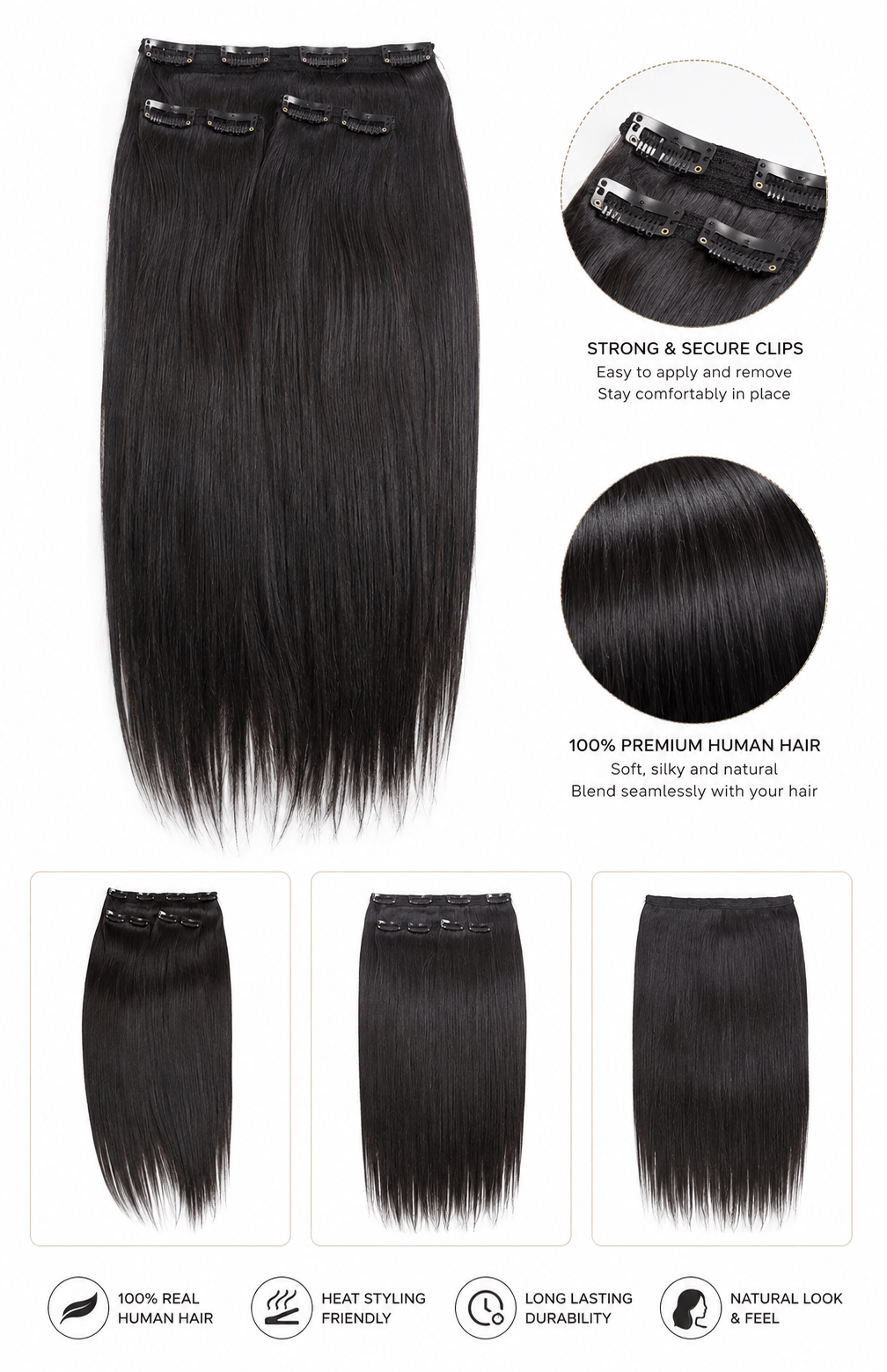 Hair Extensions Luxe Clip-In Hair Extensions 3 Piece Clipset | Clip-In Hair Extensions for Back & Side Volume | 100% Remy Indian Hair
